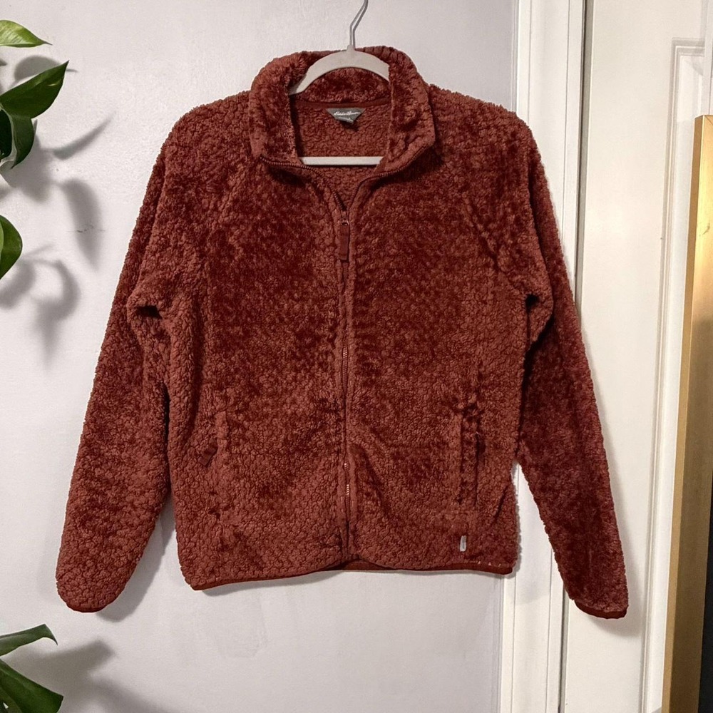 Eddie Bauer Sherpa Fleece Jacket Womens Small Mahogany Brown Full Zip Mock Neck